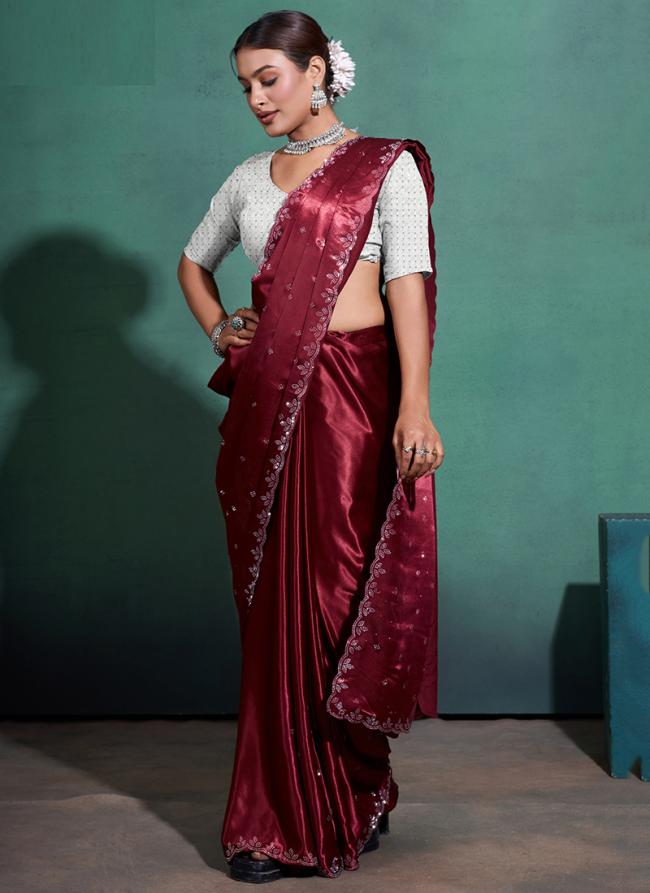 Moss Sattin Maroon Party Wear Swarovski Work Saree